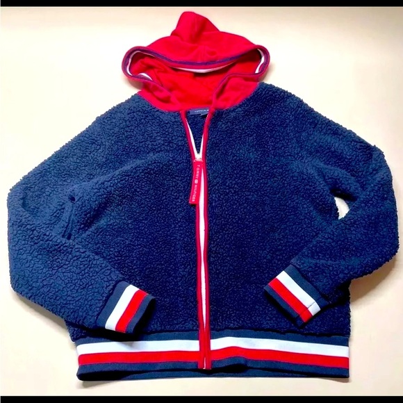 Tommy Hilfiger Size Small Hooded Full Zip Fleece Jacket Blue Logo - Picture 1 of 8